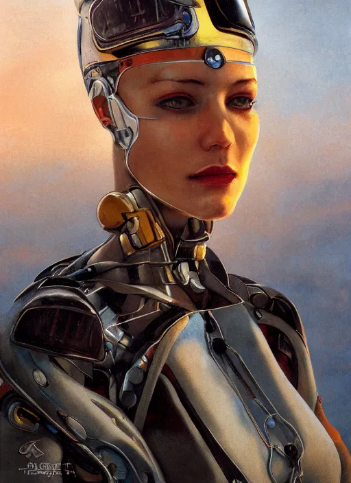Image similar to symmetry!!! closeup portrait! of a racer pirate girl, cyborg jumpsuit, in clouds, cinematic light, windy, sunrise, by gerald brom, by mikhail vrubel, by peter elson, muted colors, extreme detail, trending on artstation, 8 k