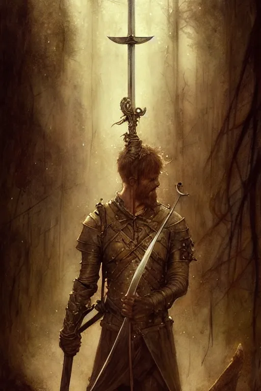 Image similar to arthur and the excalibur sword | esoteric symbolism | jean - baptiste monge, esao andrews, bastien lecouffe - deharme, tim jacobus, ken currie | ultra - detailed realism, soft cinematic lighting, hi - fructose, artstation, high - quality, ink watercolors wes anderson poster art