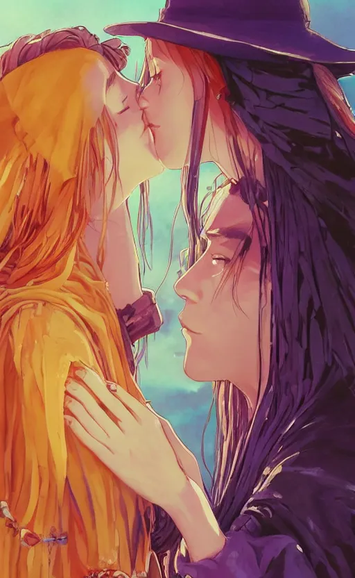 Prompt: bestselling movie poster, official media,a cinematic beautiful closeup moment of lovers saying goodbye wearing boho poncho and sunhat with hyacinths, full body portrait and simple form, brutal shapes, shaman, pixiv, 1970s fashion, official anime media, cinematic lighting, artstation consept artwork by doja cat, charlie bowater, waterhouse, ,greg rutkowski, wong kar wai