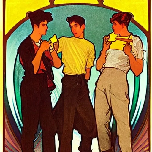 Image similar to a painting of three male teenagers with rockabilly attire holding yellow popsicle and looking at women in the streets by alphonse mucha