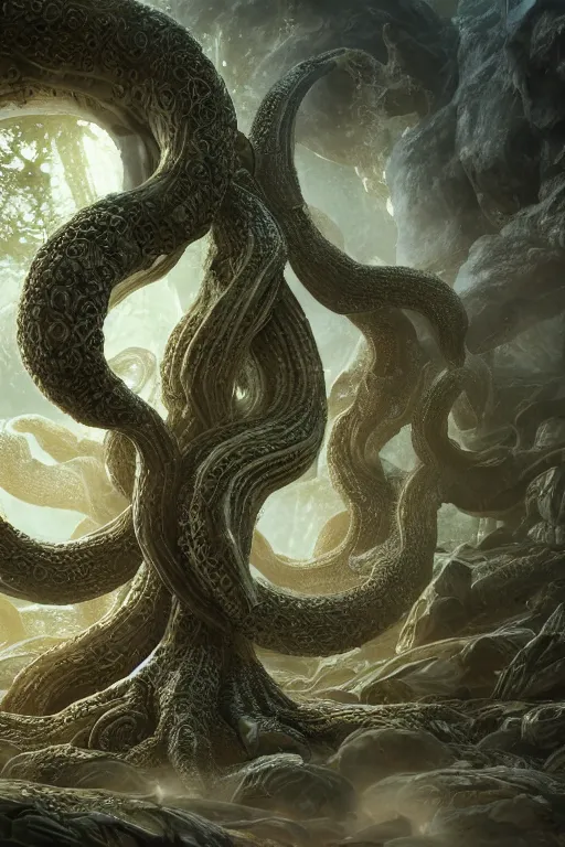 Prompt: giant ancient alien tentacles artwork by yoshitaka amano, ivory and gold, detailed vegetation background, extremely detailed, octane rendering, sharp focus, volumetric light, particles, unreal engine 5, rtx