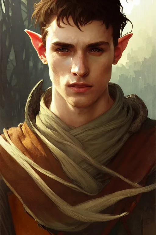Prompt: portrait of a beautiful fit young elf male ranger, with fluent cloths, leather armor, by greg rutkowski and alphonse mucha, d & d character, gradient brown to white, autumn background, highly detailed portrait, digital painting, artstation, concept art, smooth, sharp focus illustration, artstation hq