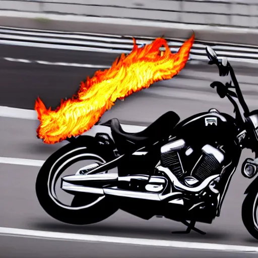 Prompt: Donald Trump on a motorcycle with fire coming out of the exhaust, without him wearing a helmet, leather jacket, cinematic lighting