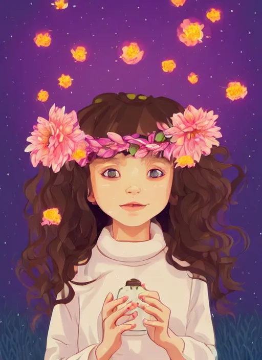 Prompt: little girl with wavy curly light brown hair. wearing a flower crown and chasing fireflies in the woods. clean cel shaded vector art. shutterstock. behance hd by lois van baarle, artgerm, helen huang, by makoto shinkai and ilya kuvshinov, rossdraws, illustration, art by ilya kuvshinov