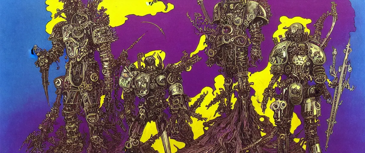 Prompt: composition of gothic and futuristic, warhammer, animals in cyber armor, more scars and fire, many mechflowers, blue head, some purple and yellow, the middle ages, highly detailed, artstation, in the style of moebius, jugendstil and classic japanese print, psychedelic, art by beksinski, bradley, otherworldly, andre le notre