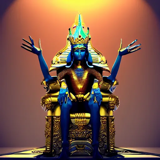 Image similar to the king of an alien race sits on a futuristic looking throne, the appearance of the king was inspired by the looks of god vishnu, the king also wears some beautiful jewlery, unreal engine 5 digital art