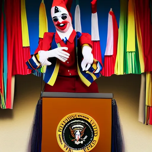Image similar to puppet show of a string marionette of a president with clown makeup in a podium