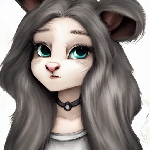 Image similar to 3/4 headshot of young female furry, D&D, cute, fantasy, intricate, long hair, grey skin, mouse face, mouse nose, mouse head, mouse ears, black hair, elegant, highly detailed, cartoony, artstation, concept art, smooth, sharp focus, illustration, art by Diives