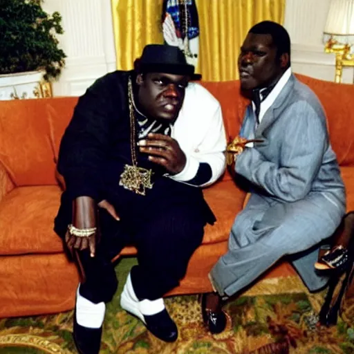 Prompt: a photograph of michael jackson and biggie smoking a joint together at the white house in 2 0 0 8, 4 k