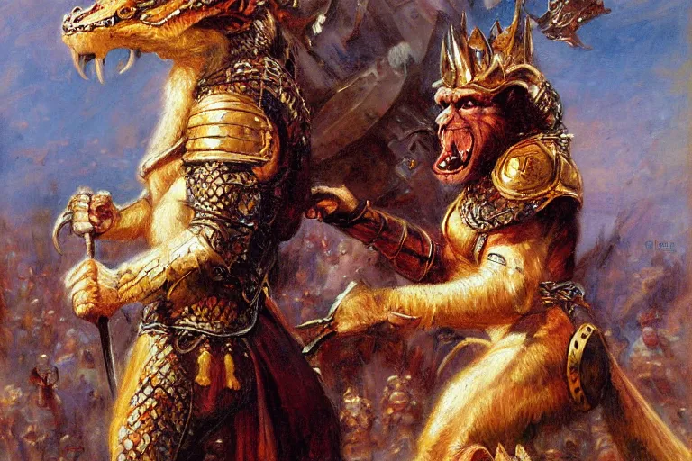 Image similar to portrait full body monkey king medieval armor fighting dragon by gaston bussiere