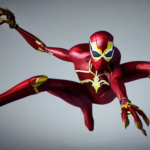 Image similar to still photo of iron spider, highly detailed, photorealistic portrait, bright studio setting, studio lighting, crisp quality and light reflections, unreal engine 5 quality render