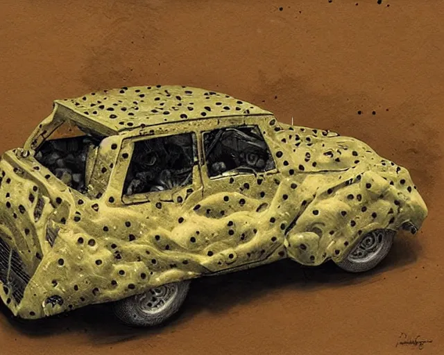 Prompt: a car made of cheese, many holes, concept art by joao ruas, highly detailed, hyperrealistic