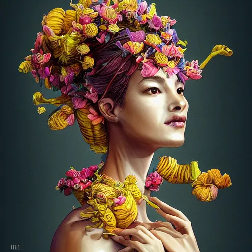 Prompt: the portrait of an absurdly beautiful, graceful, elegant woman made of bananas and petals, an ultrafine detailed illustration by kim jung gi, irakli nadar, intricate linework, bright colors, final fantasy, behance contest winner, angular, unreal engine 5 highly rendered, global illumination, radiant light, detailed and intricate environment