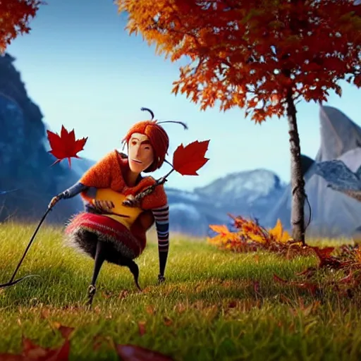 Prompt: a stopmotion animation character, a beautiful canadian woman, pulling weeds out frantically, some grey hair, stripey pants, canadian maple leaves, mountains, autumn, octane render, 8 k, kubo and the two strings, jan svankmayer, disney, pixar,