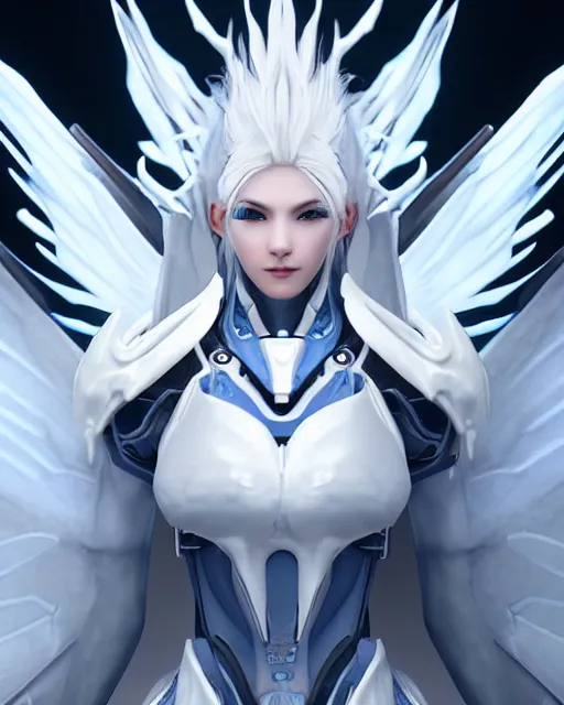 Prompt: perfect white haired alien being with huge white dove wings, warframe armor, beautiful, symmetric, dreamy, half asian, pretty face, blue eyes, detailed, scifi platform, laboratory, experiment, 4 k, ultra realistic, epic lighting, android body, illuminated, cinematic, masterpiece, art by akihito tsukushi, akihiko yoshida, voidstar