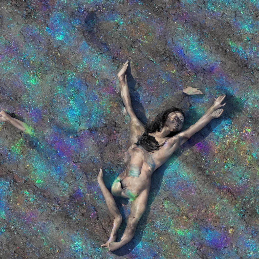 Image similar to overhead view of iridiscent oil slick and eroded stones with a woman's corpses connected by a transparent pipe to a baby buried relaxing on yoga mat, faded, gradient, depth of field, ultra realistic, very detailed, glitch, by nadav kander, 8 k hyper realistic detailed cinematic