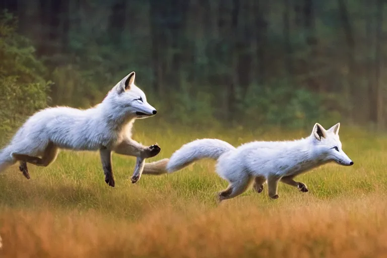 Prompt: white fox and red fox running through the meadow hill, forest on the horizont, beautiful ambiance, golden hour, studio ghibli style, by hayao miyazaki, tom moor, sharp focus, highly detailed,