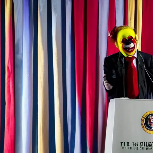 Image similar to string puppet of a president with clown makeup in a podium and a human shadow behind