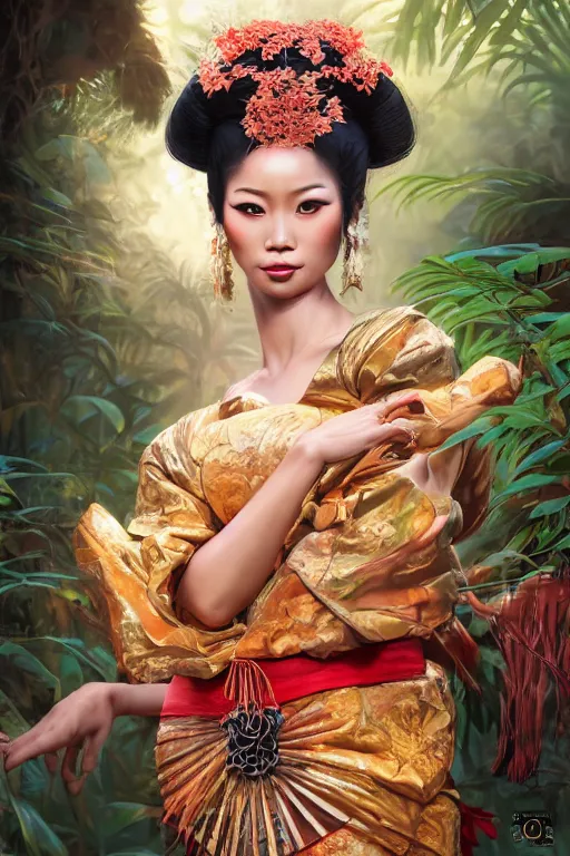 Prompt: stunningly beautiful, indonesian geisha dancer in jungle, symmetrical face, golden hour, smooth, focus, highly detailed, hyper realistic, dramatic lighting, elegant, intricate, concept art, art by wlop, mars ravelo, greg rutowski, artstation