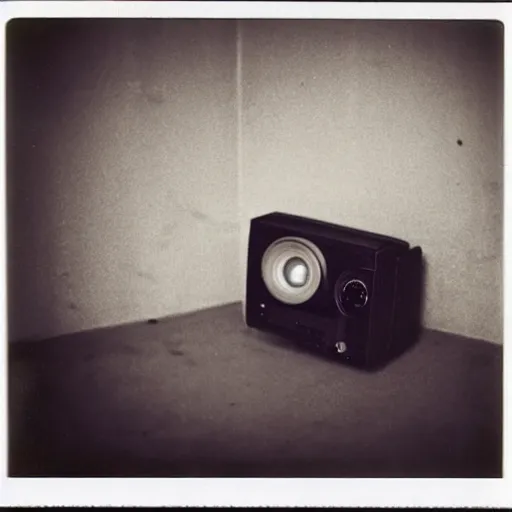 Image similar to small dark concrete room with a tv on the ground, the tv has a pair of eyes on a dark background, creepy, eerie, old polaroid, expired film,