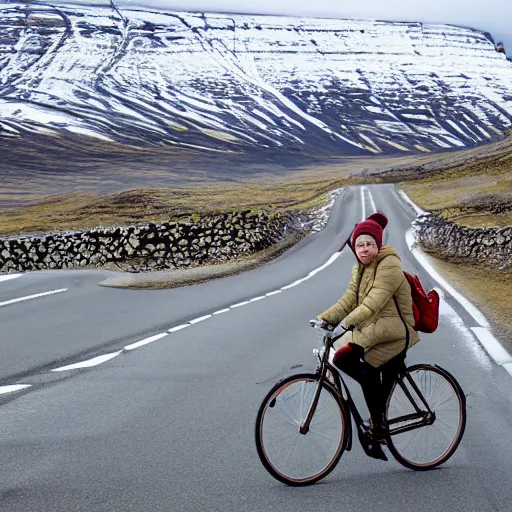 Image similar to A woman in warm clothes traveling by bicycle on the roads of Iceland. The bicycle has saddlebags.