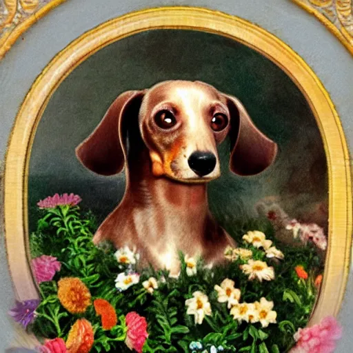 Image similar to Dachshund dog sitting in flowers, highly detailed photo in the style of Franz Xaver Winterhalter and Aetherpunk