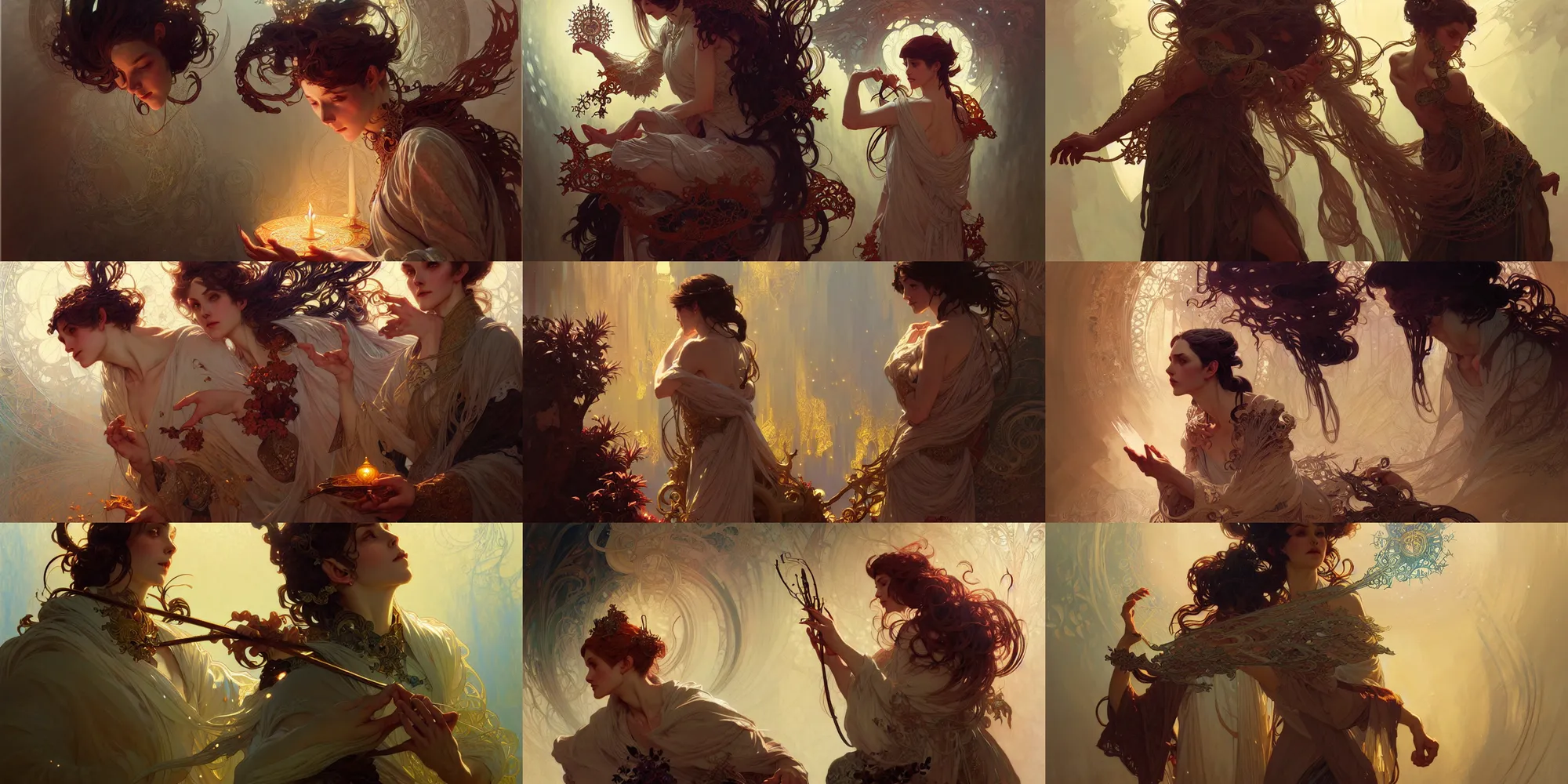 Prompt: Wizard casting a spell, fantasy, intricate, elegant, highly detailed, digital painting, artstation, concept art, smooth, sharp focus, illustration, art by Krenz Cushart and Artem Demura and alphonse mucha