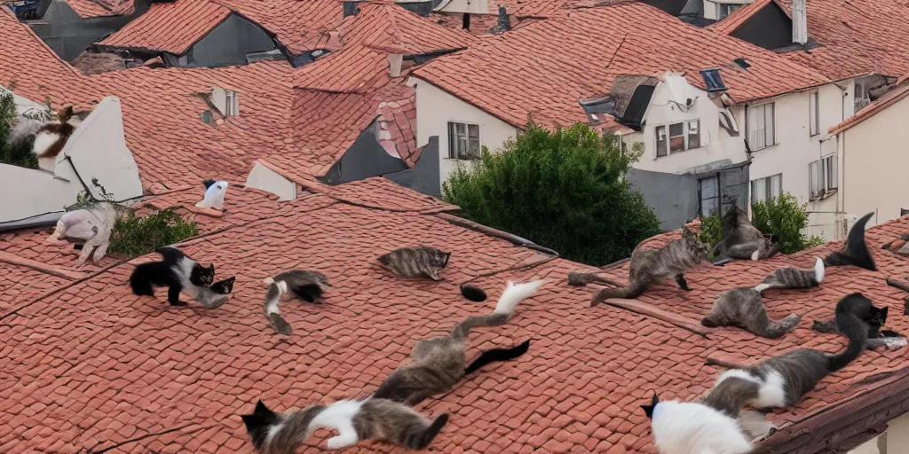 Prompt: cats running on rooftops during sunset