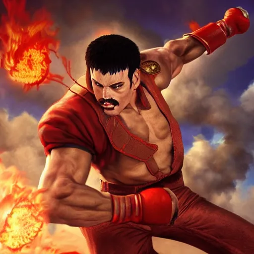 Prompt: freddy mercury as ryu street fighter, action shot, ultra realistic, concept art, intricate details, highly detailed, photorealistic, octane render, 8 k, unreal engine, art by frank frazetta, simon bisley, brom