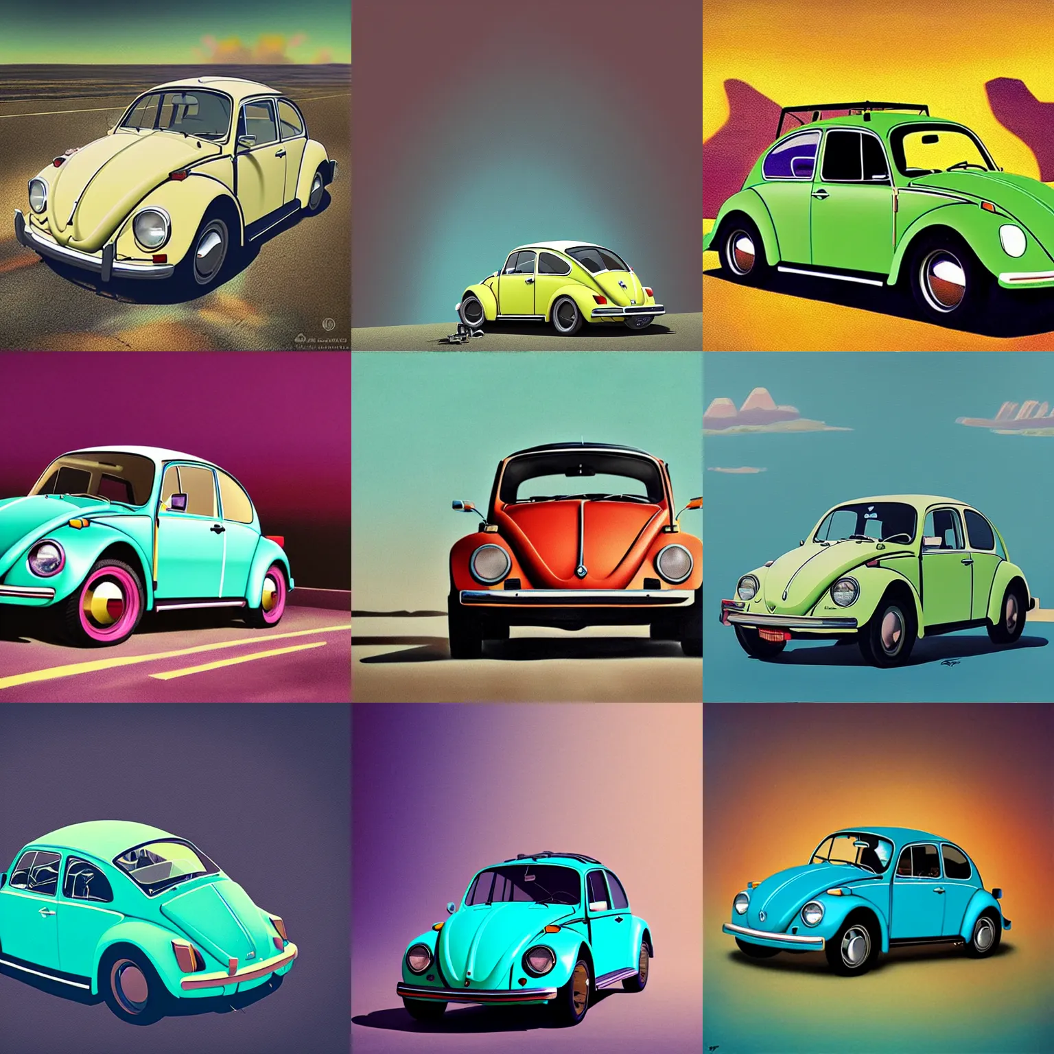 Prompt: painting of a 1970 vw beetle painted by Beeple