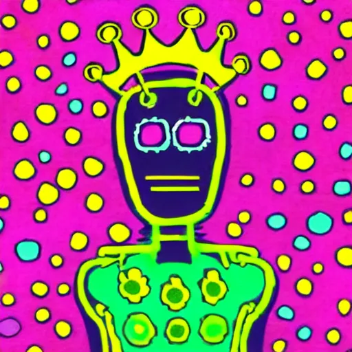 Prompt: robot wearing a crown of flowers neon colors flowerpunk