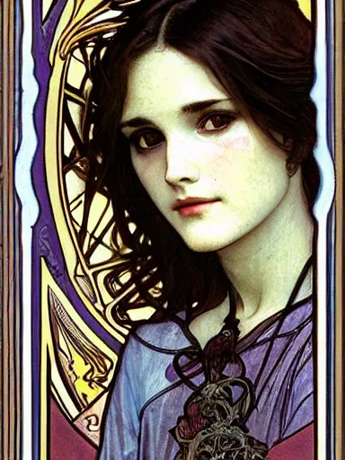 Image similar to a beautiful painting of young winona ryder by Alphonse Mucha and by Mark Brooks and by john william waterhouse and by arthur rackham, Art Nouveau, Neo-Gothic, gothic, award winning painting, hyperdetailed, detailed