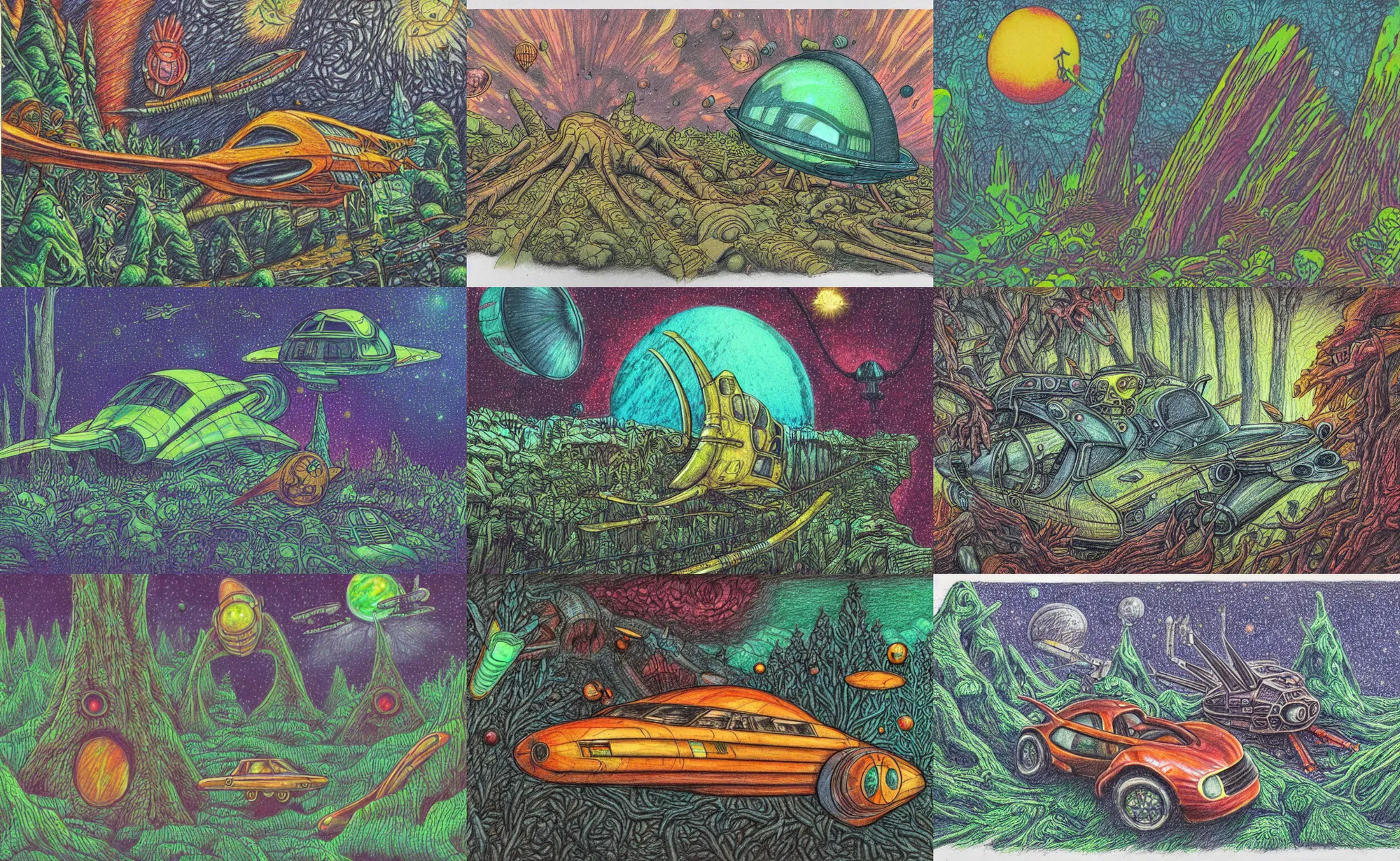 Prompt: intricately detailed color pencil sketch, retro spaceship crash landed on an alien forest landscape