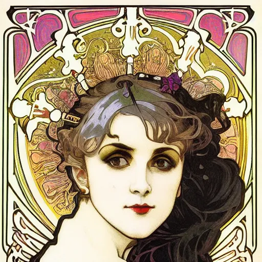 Prompt: goth girl with a wry grin, alphonse mucha, willam morris background.