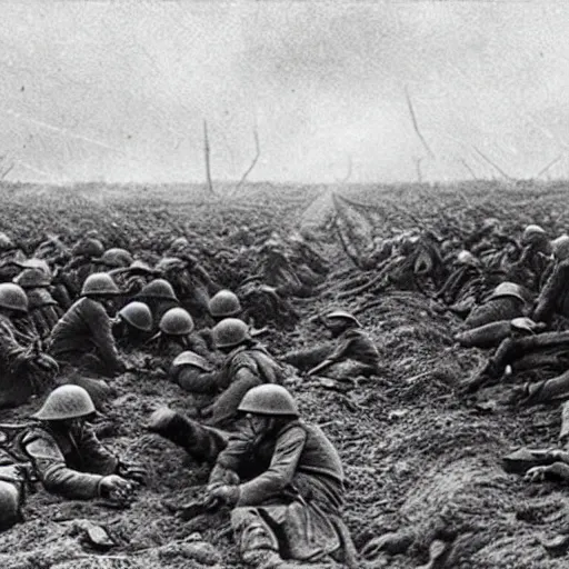 Image similar to 4k cinematic photograph Battle of the Somme 1916