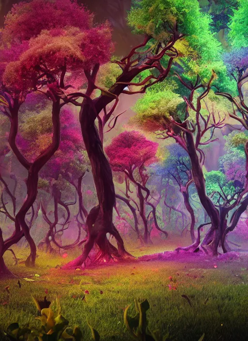 Image similar to a small psychedelic surreal horror giant made of multicolored psychotropic trees and flowers, magical creatures in the chaotic spirit forest, fulcolor octane reminder, cinematic, ultra - realistic