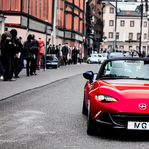Prompt: a guinea pig driving a red mazda mx-5 on a street in Stockholm