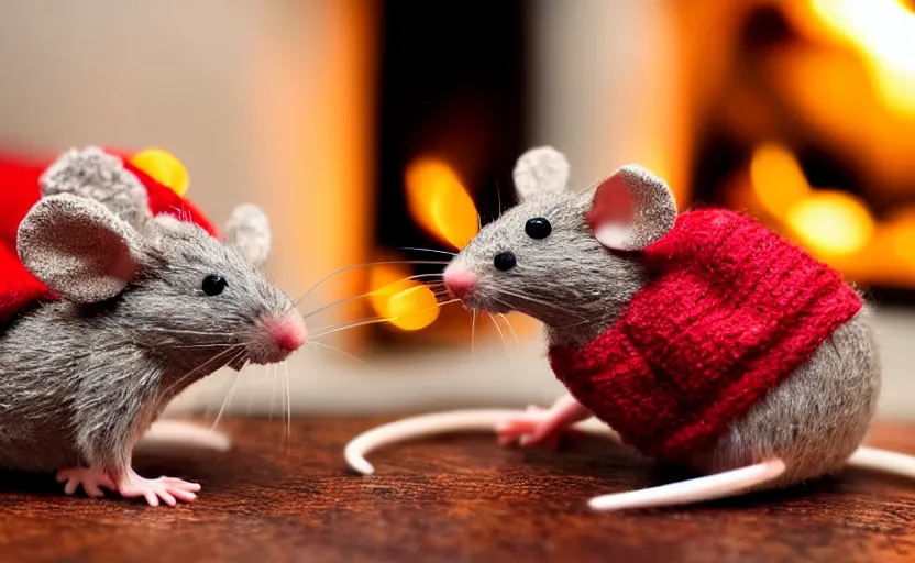 Prompt: close - up of a mouse family sitting in front of a cozy christmas fireplace wearing woolen sweater, cinematic lighting, dark atmosphere