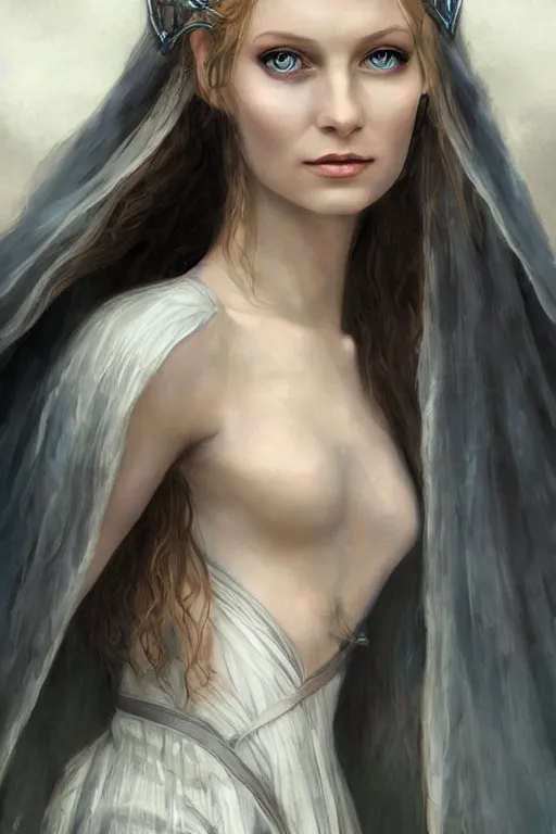 Prompt: portrait, headshot, digital painting, of elven queen Galadriel, beautiful, tall, white dress, fair curly hair, blue eyes, realistic, hyperdetailed, chiaroscuro, concept art, art by Waterhouse