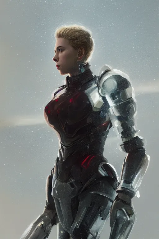 Image similar to a fancy portrait of a Scarlett Johansson wearing sci-fi armour by Greg Rutkowski, Sung Choi, Mitchell Mohrhauser, Maciej Kuciara, Johnson Ting, Maxim Verehin, Peter Konig, final fantasy , mythical, 8k photorealistic, cinematic lighting, HD, high details, atmospheric,