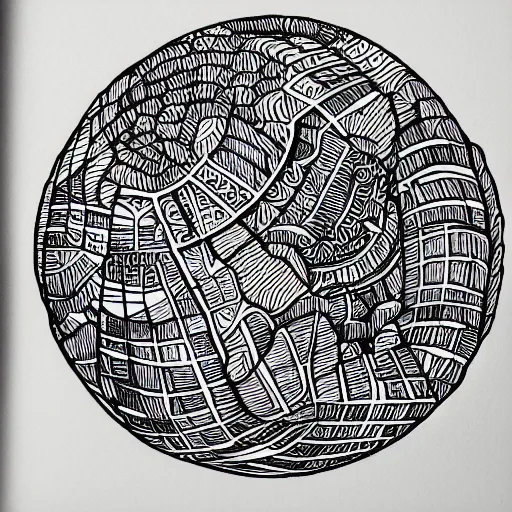 Prompt: black and white ink doodle illustration of a hippo sized planet, style by peter deligdisch, peterdraws