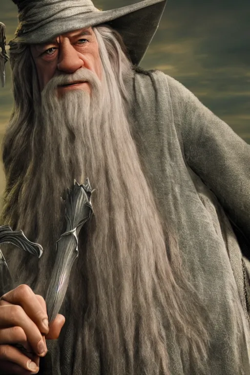 Image similar to film still of gandalf as shrek in lord of the rings movie, glamour pose, dramatic lighting, octane, volumetric lighting, 8 k