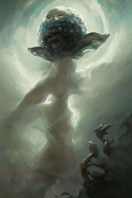 Image similar to a humanoid creature with pale white skin and intricate designs inset into its skin. the creature is bald. it is wearing a black flowing cloak that looks like mist. art by peter mohrbacher.