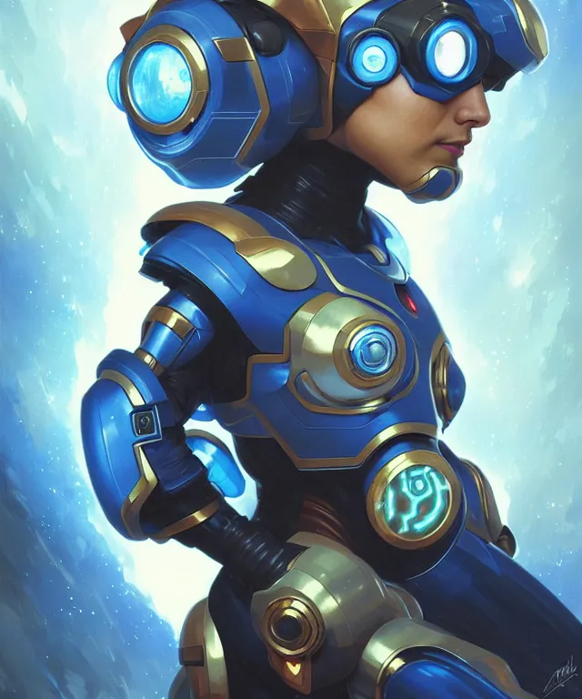 Image similar to futuristic megaman X portrait, sci-fi steampunk, fantasy, intricate, elegant, highly detailed, digital painting, artstation, concept art, smooth, sharp focus, illustration, art by artgerm and greg rutkowski and alphonse mucha