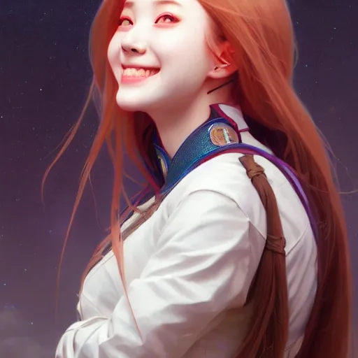 Prompt: portrait painting of a cute cyborg chuu loona kpop smiling cheerfully, ultra realistic, concept art, intricate details, eerie, highly detailed, photorealistic, octane render, 8 k, unreal engine. art by artgerm and greg rutkowski and magali villeneuve and alphonse mucha