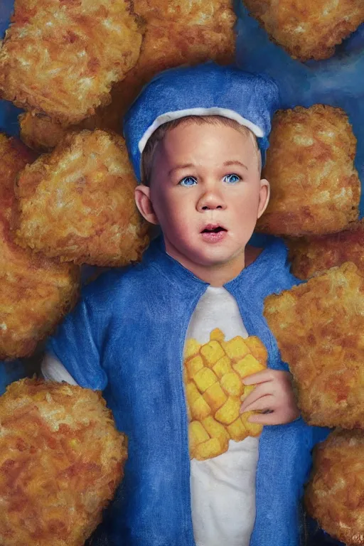 Image similar to channing tatum wearing a tater tot costume, oil on canvas, intricate, 8 k highly professionally detailed, hdr, cgsociety