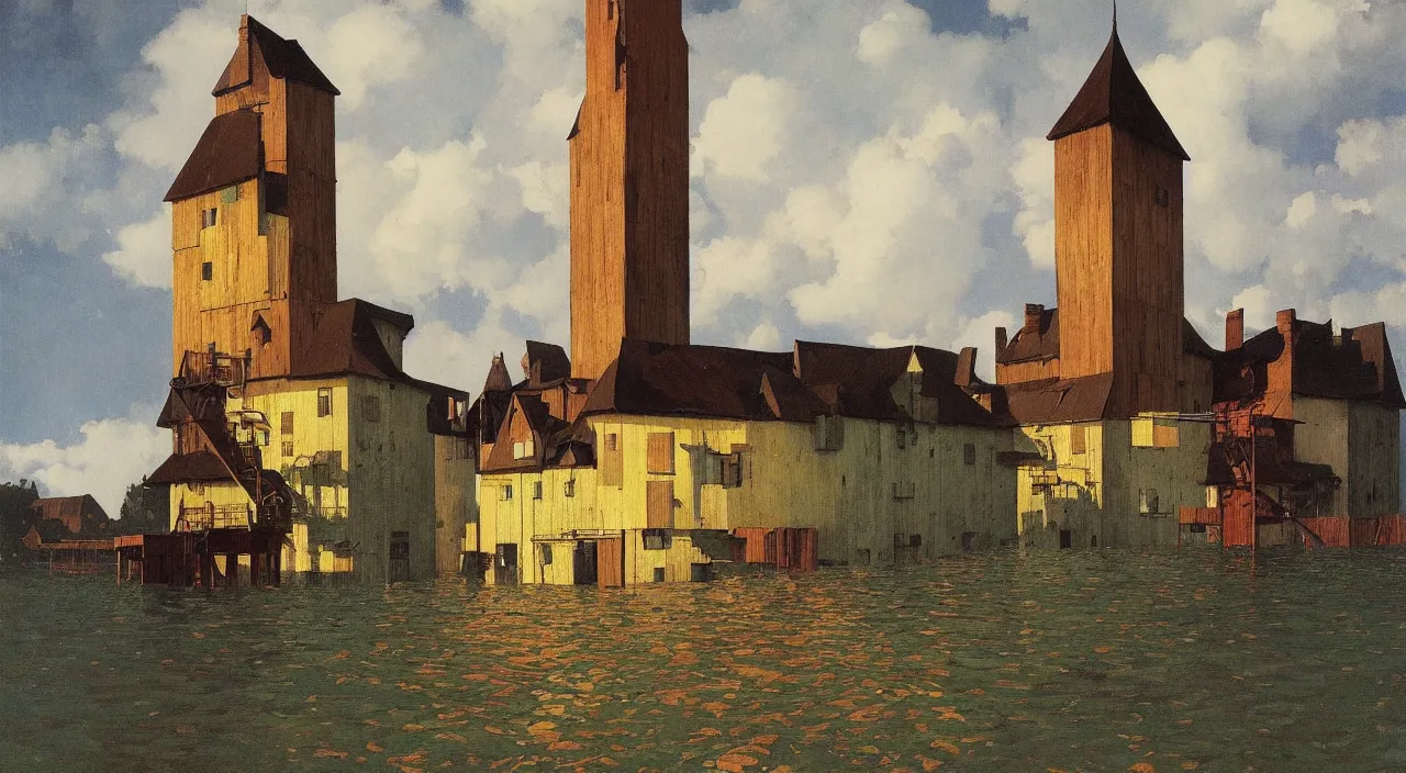 Prompt: single flooded simple bloated wooden tower, very coherent and colorful high contrast!! masterpiece by rene magritte simon stalenhag carl spitzweg syd mead norman rockwell edward hopper james gilleard, minimalist, dark shadows, sunny day, hard lighting