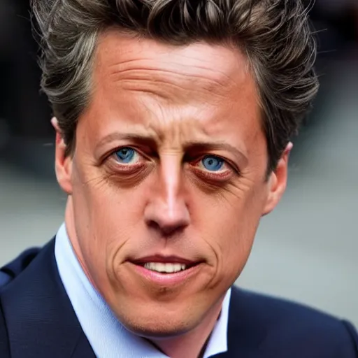 Image similar to cross between michael schumacher and hugh grant sits at a desk and stares at a screen with a concerned expression, optimal focal length
