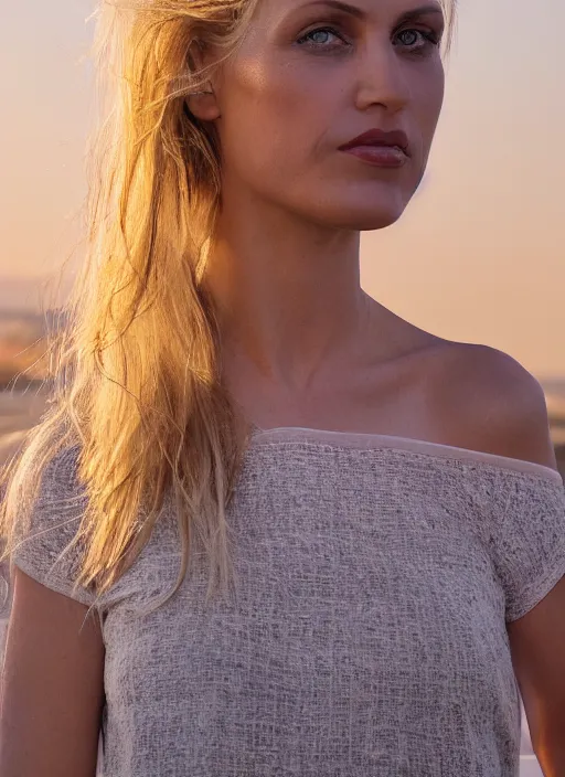 Image similar to photograph of an olive skinned blonde female model in her late twenties, her hair pinned up, wearing a designer top, looking content, focused on her neck, facing the camera, photo realistic, extreme detail skin, natural beauty, no filter, slr, golden hour, 4 k, high definition, selfie, by steve mccurry