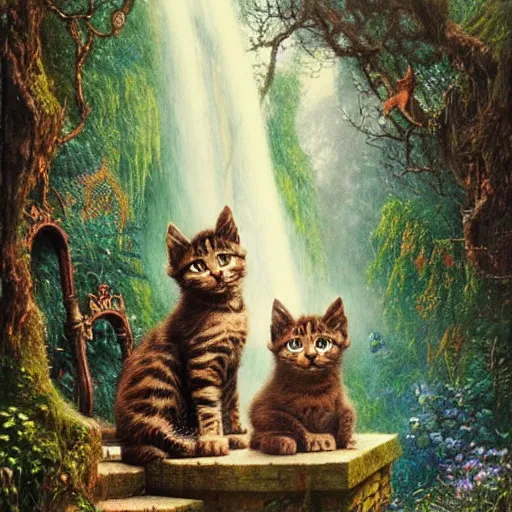 Image similar to two kittens in the enchanted forest stand on the steps and watch the waterfall, fantasy, intricate, extremely detailed, matte, featured in artstation, art by louis wain, greg rutkowski